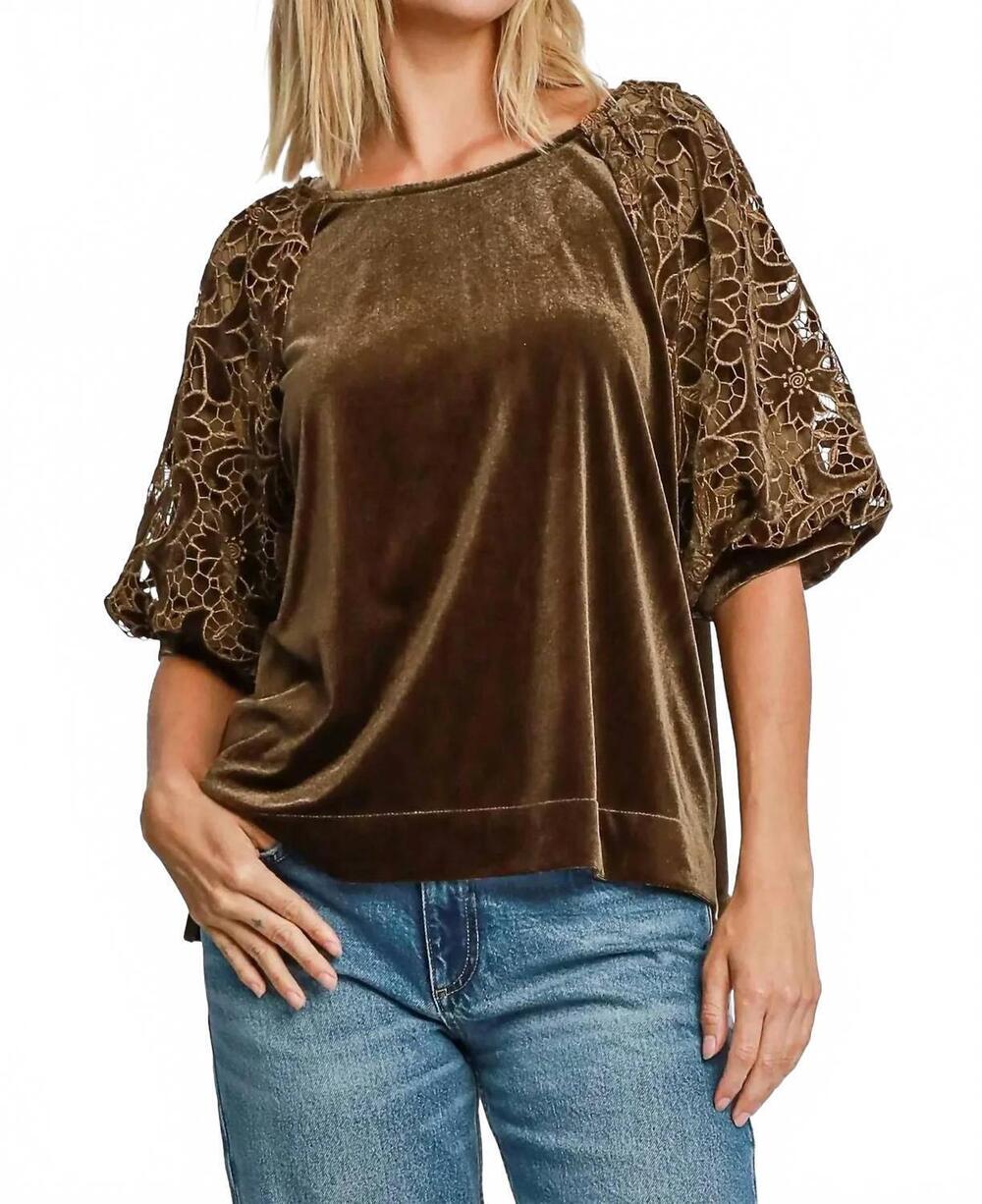 NEW UMGEE velvet lace sleeve button up top in brown